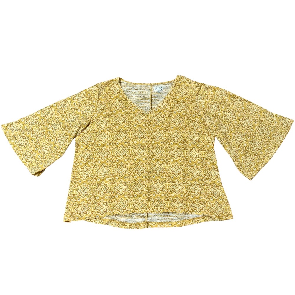 Wonderly Womens 2X Yellow Medallion Print V-Neck Bell Sleeve High-Low‎ Tunic Top